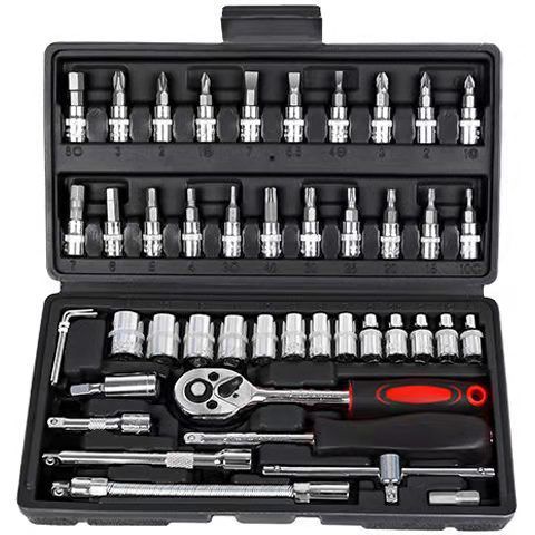 46-Piece 1/4 Inch Drive Socket Wrench Set, Chrome Vanadium Ratchet and Bit Kit, Black Case