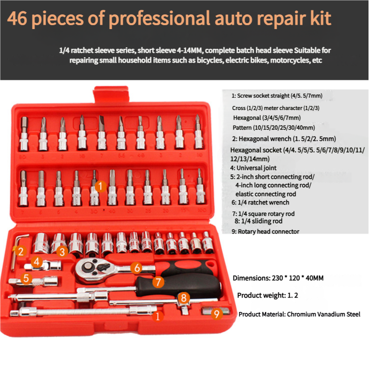 46-Piece 1/4 Inch Drive Socket Wrench Set, Chrome Vanadium Ratchet and Bit Kit, Black Case