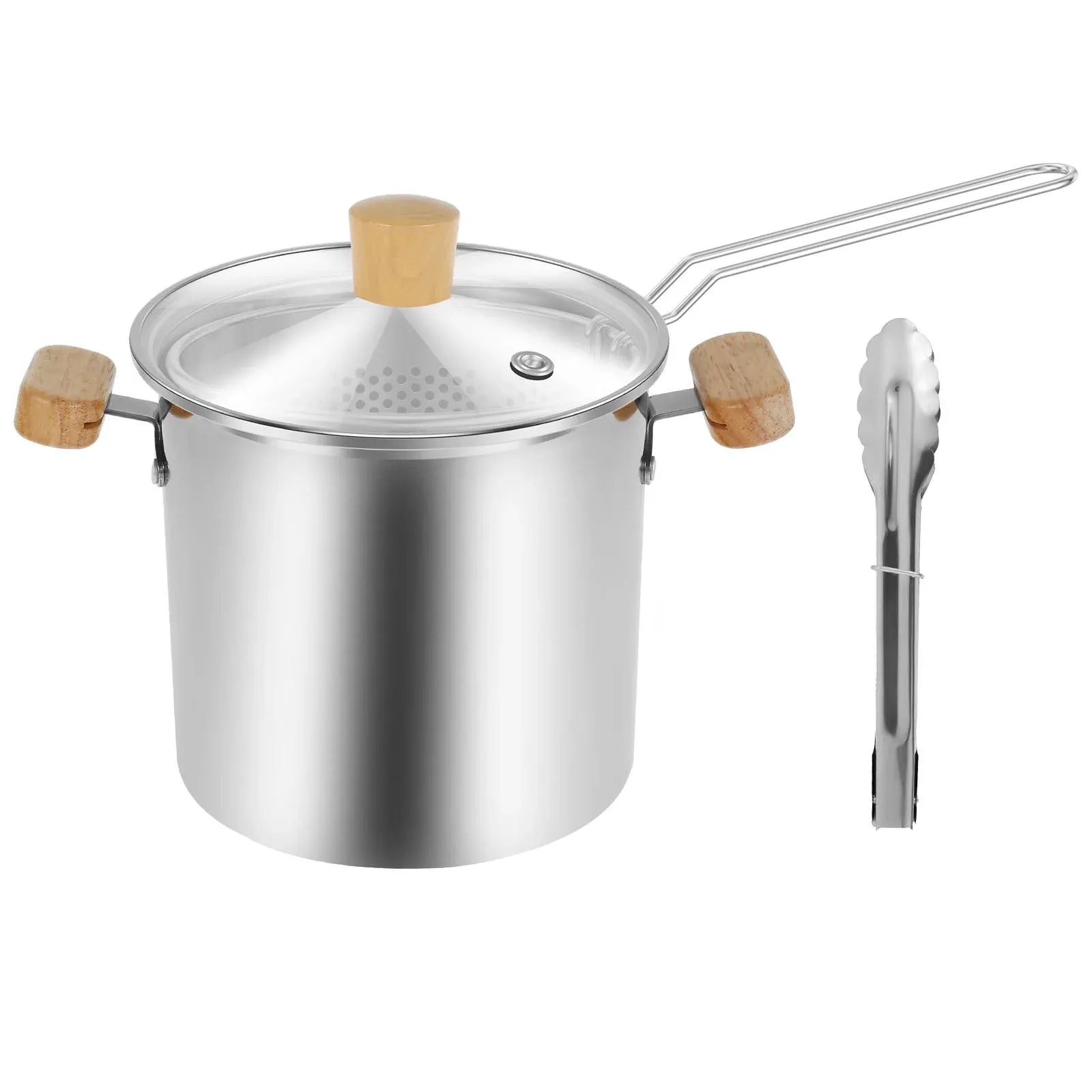 Stainless Steel Deep Fryer Pot, 4000ml Tempura Pot with Strainer Basket Wood Handles for Fried Food