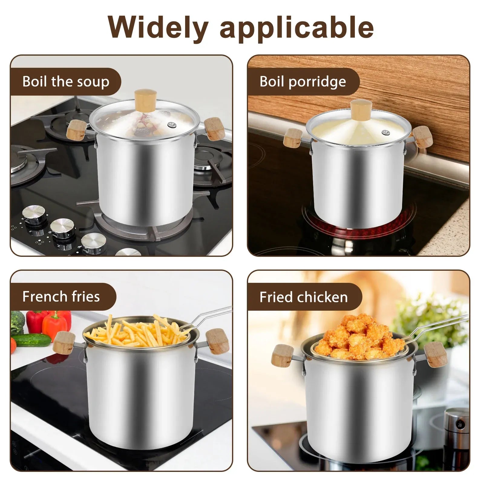 Stainless Steel Deep Fryer Pot, 4000ml Tempura Pot with Strainer Basket Wood Handles for Fried Food