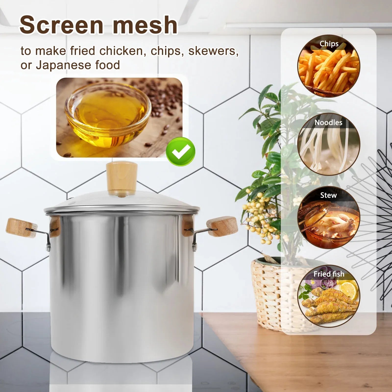 Stainless Steel Deep Fryer Pot, 4000ml Tempura Pot with Strainer Basket Wood Handles for Fried Food
