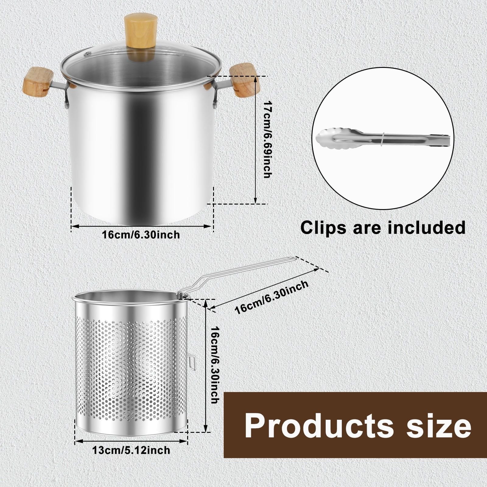 Stainless Steel Deep Fryer Pot, 4000ml Tempura Pot with Strainer Basket Wood Handles for Fried Food