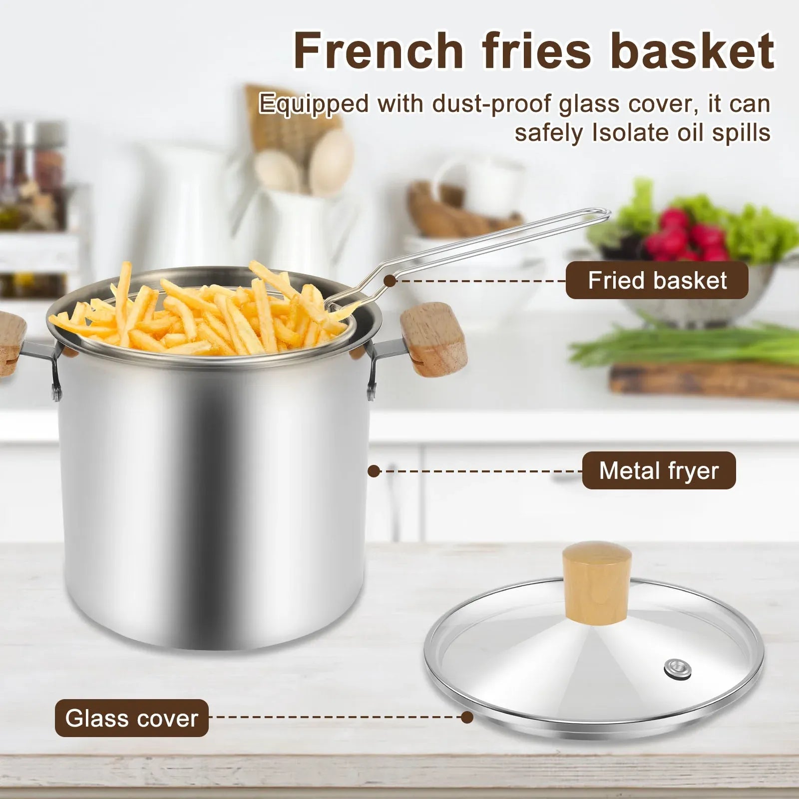 Stainless Steel Deep Fryer Pot, 4000ml Tempura Pot with Strainer Basket Wood Handles for Fried Food