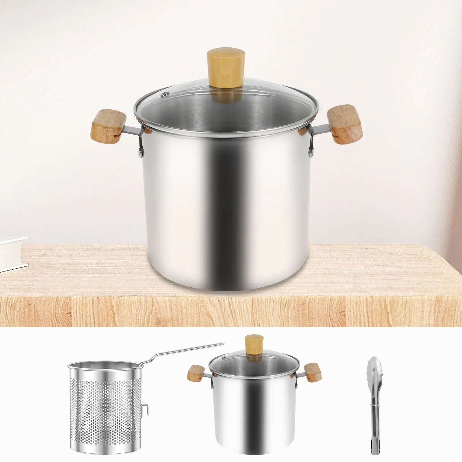 Stainless Steel Deep Fryer Pot, 4000ml Tempura Pot with Strainer Basket Wood Handles for Fried Food