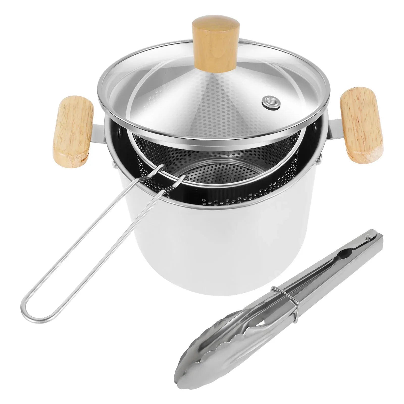 Stainless Steel Deep Fryer Pot, 4000ml Tempura Pot with Strainer Basket Wood Handles for Fried Food