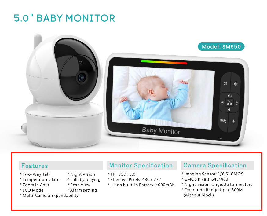 SM650 5-Inch No-WiFi Baby Monitor with Camera, 300 m Range, Two-Way Audio, VOX, Night Vision, Temperature and Feeding Alerts