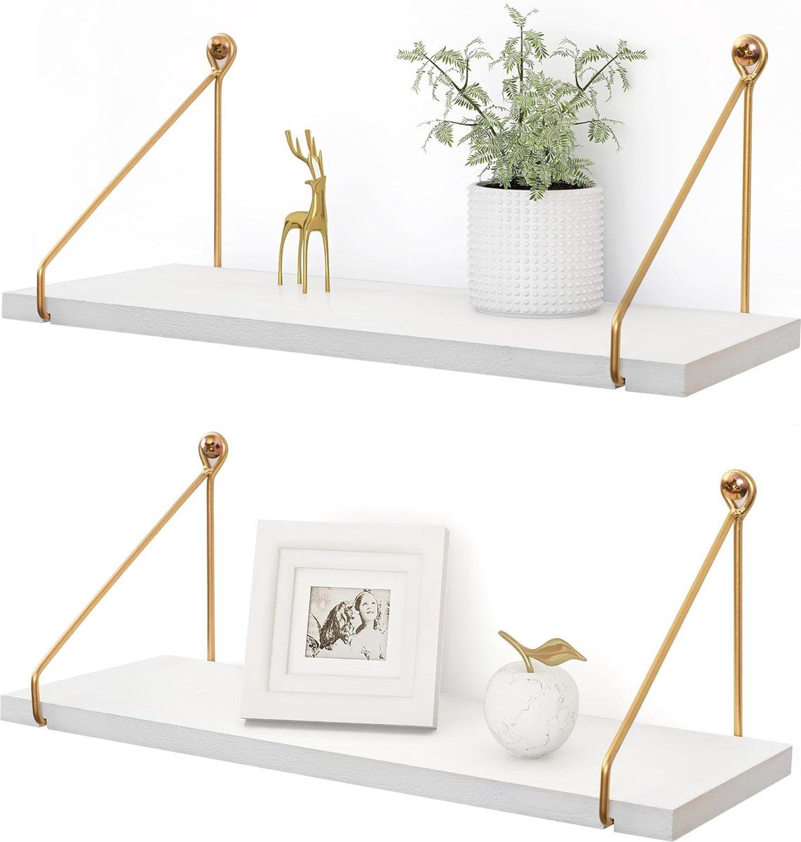 2-Piece White Floating Wall Shelf Set with Gold Metal Rails for Kitchen, Bedroom and Living Room
