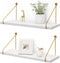 2-Piece White Floating Wall Shelf Set with Gold Metal Rails for Kitchen, Bedroom and Living Room