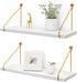 2-Piece White Floating Wall Shelf Set with Gold Metal Rails for Kitchen, Bedroom and Living Room