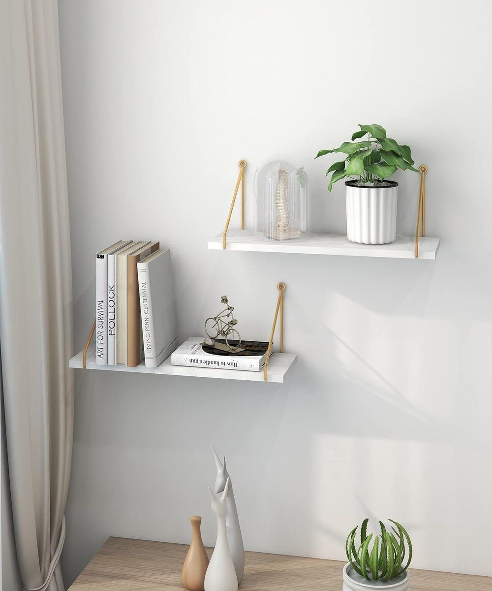 2-Piece White Floating Wall Shelf Set with Gold Metal Rails for Kitchen, Bedroom and Living Room