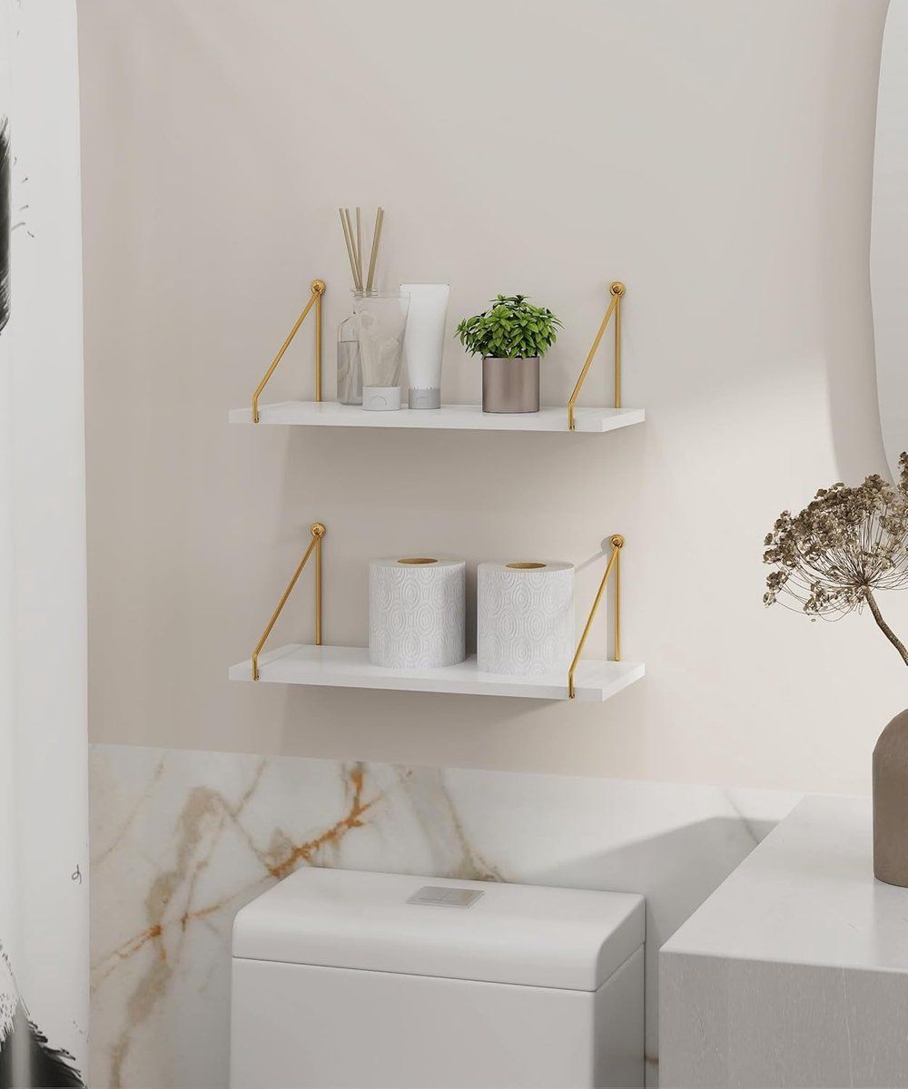 2-Piece White Floating Wall Shelf Set with Gold Metal Rails for Kitchen, Bedroom and Living Room