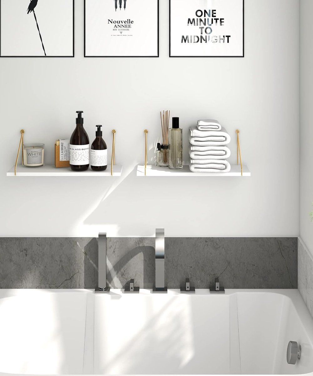 2-Piece White Floating Wall Shelf Set with Gold Metal Rails for Kitchen, Bedroom and Living Room