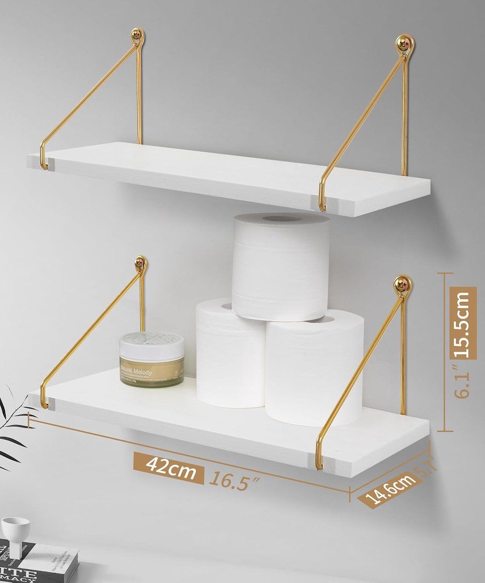 2-Piece White Floating Wall Shelf Set with Gold Metal Rails for Kitchen, Bedroom and Living Room