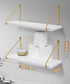 2-Piece White Floating Wall Shelf Set with Gold Metal Rails for Kitchen, Bedroom and Living Room