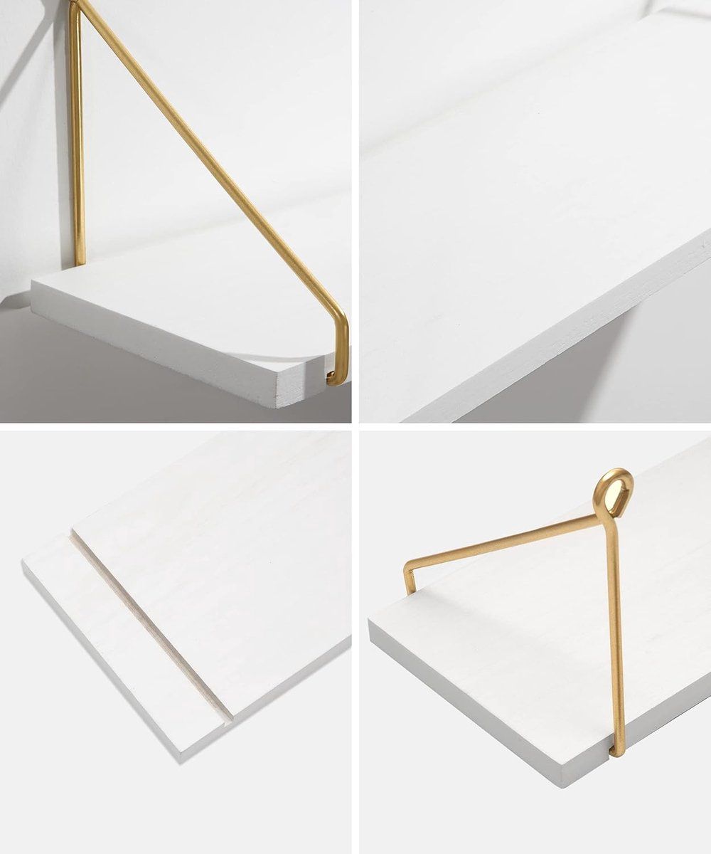 2-Piece White Floating Wall Shelf Set with Gold Metal Rails for Kitchen, Bedroom and Living Room