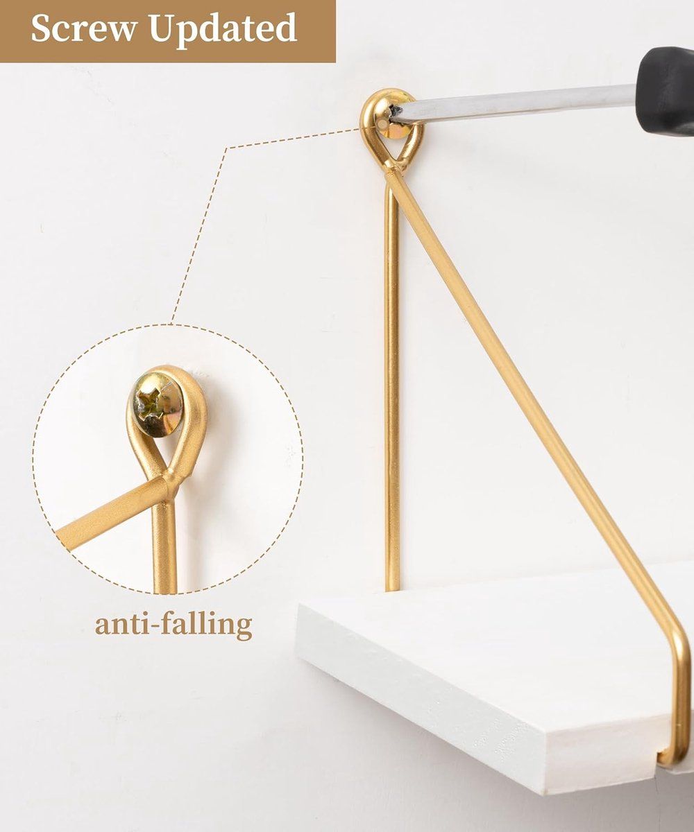 2-Piece White Floating Wall Shelf Set with Gold Metal Rails for Kitchen, Bedroom and Living Room