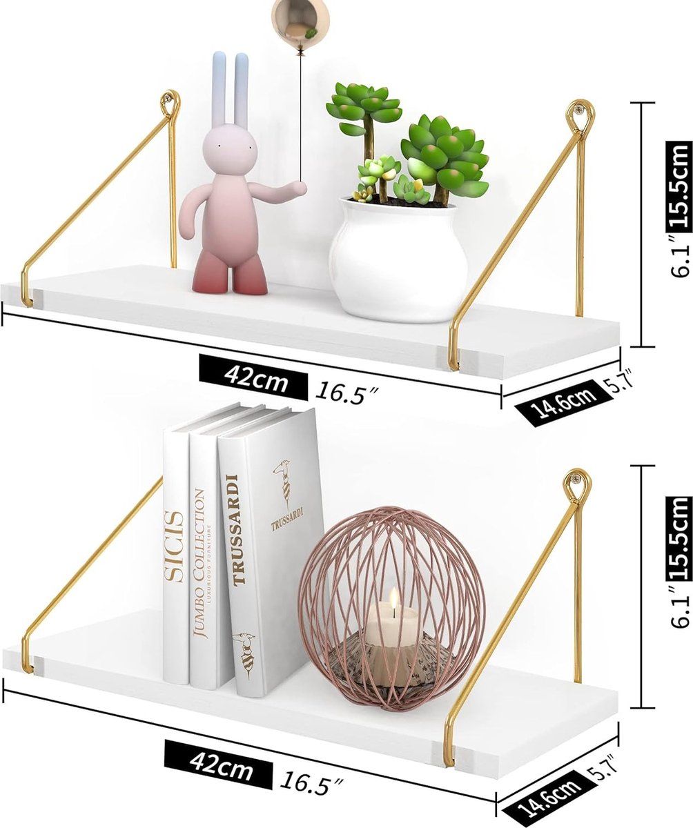 2-Piece White Floating Wall Shelf Set with Gold Metal Rails for Kitchen, Bedroom and Living Room