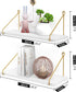 2-Piece White Floating Wall Shelf Set with Gold Metal Rails for Kitchen, Bedroom and Living Room