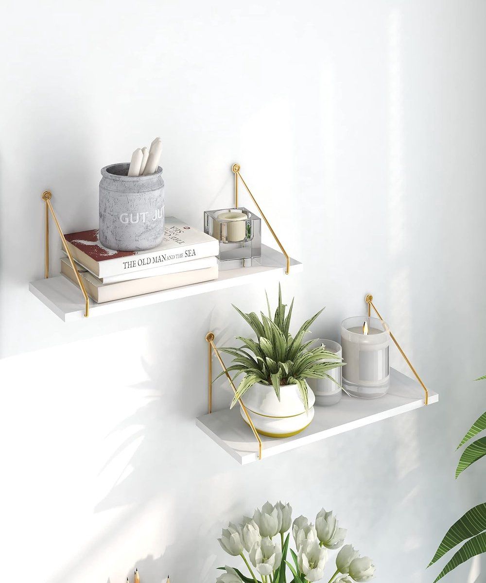 2-Piece White Floating Wall Shelf Set with Gold Metal Rails for Kitchen, Bedroom and Living Room