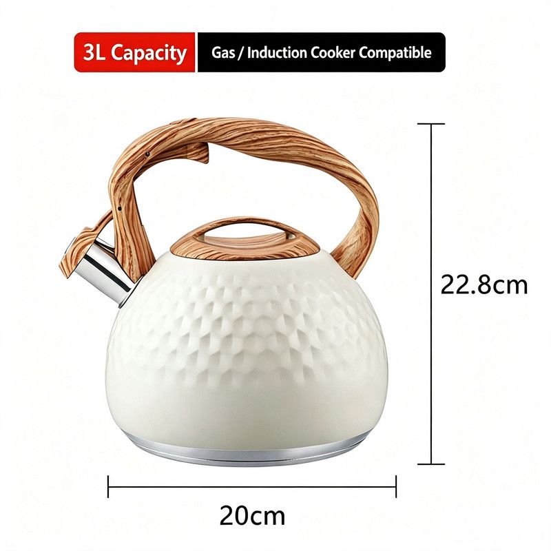 3L Hammered Stainless Steel Whistling Stovetop Kettle, Wood Grain Heat Insulated Handle, Universal for Gas & Induction Cooker, Large Capacity Water Boiler for Home Kitchen Daily Use（）()