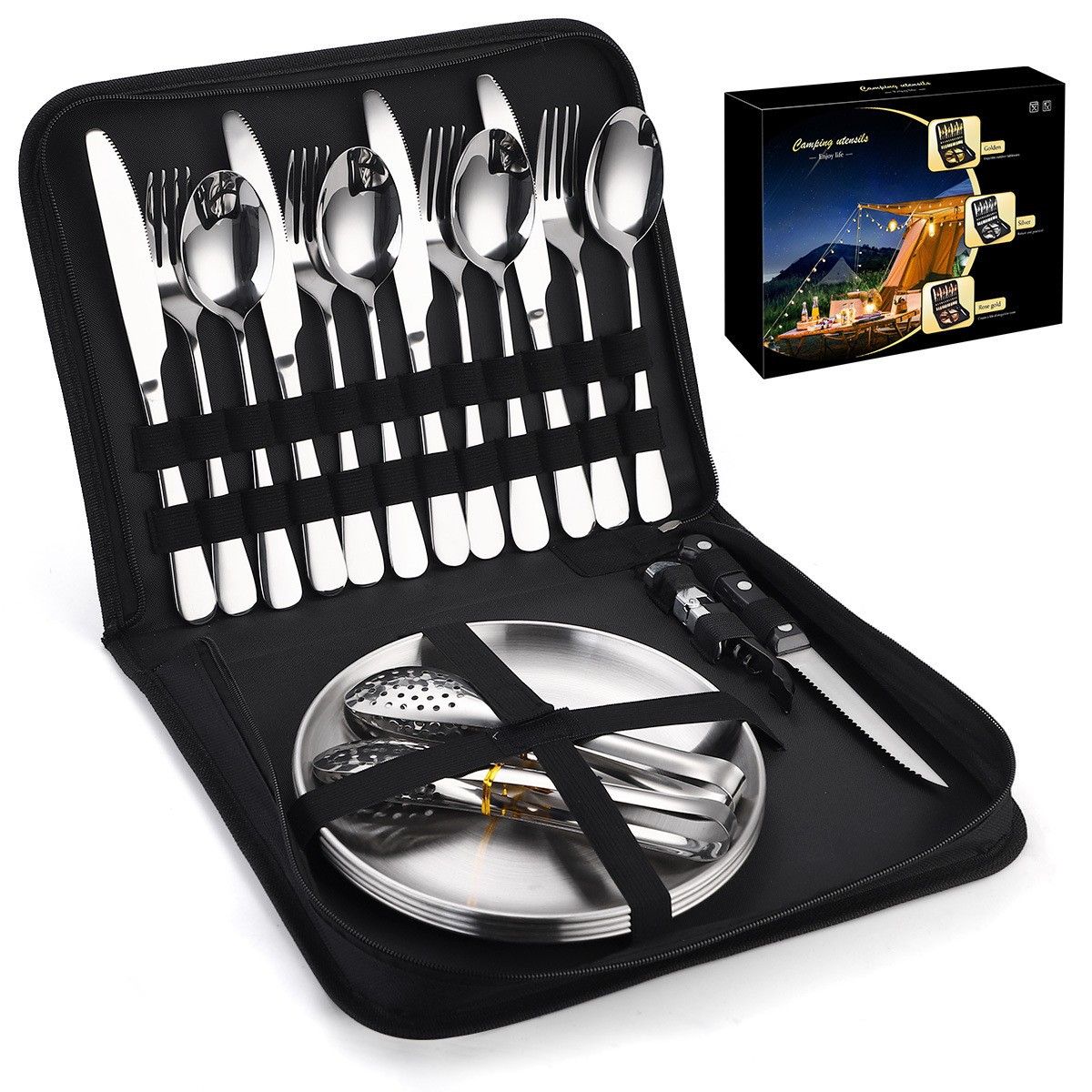 20-Piece Camping Cutlery Set, Stainless Steel, Plates and Bottle Opener
