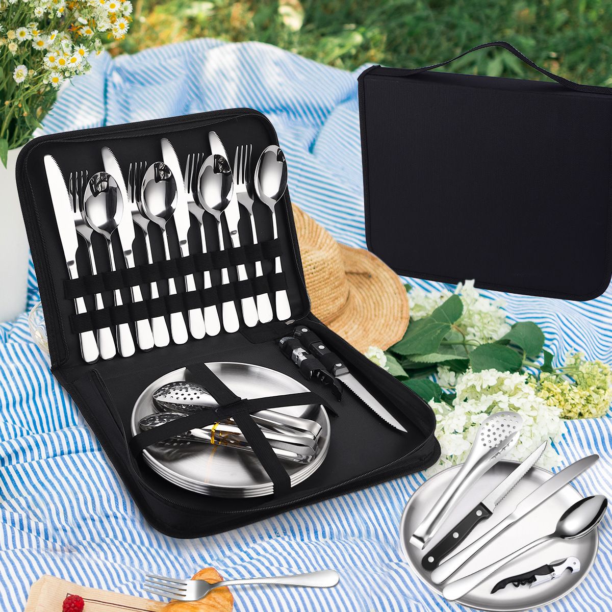 20-Piece Camping Cutlery Set, Stainless Steel, Plates and Bottle Opener