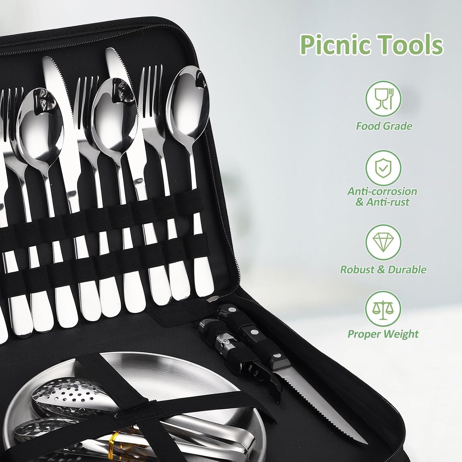 20-Piece Camping Cutlery Set, Stainless Steel, Plates and Bottle Opener