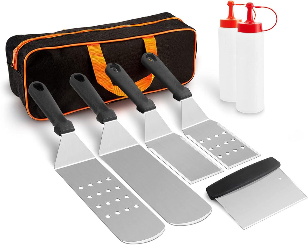 8Pcs  Professional Stainless Steel Griddle Spatula Tools With Storage Bag, Griddle Accessories Kit for Teppanyaki Flat Top Cooking，for Cast Iron BBQ Grilling Indoor Outdoor