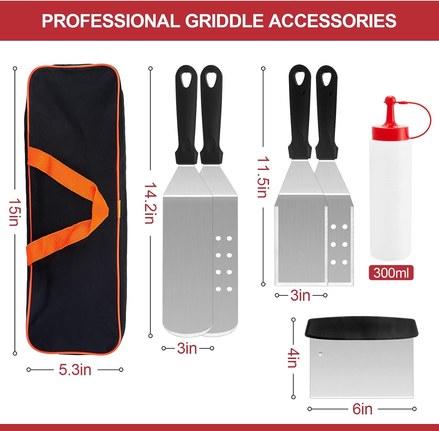8Pcs  Professional Stainless Steel Griddle Spatula Tools With Storage Bag, Griddle Accessories Kit for Teppanyaki Flat Top Cooking，for Cast Iron BBQ Grilling Indoor Outdoor
