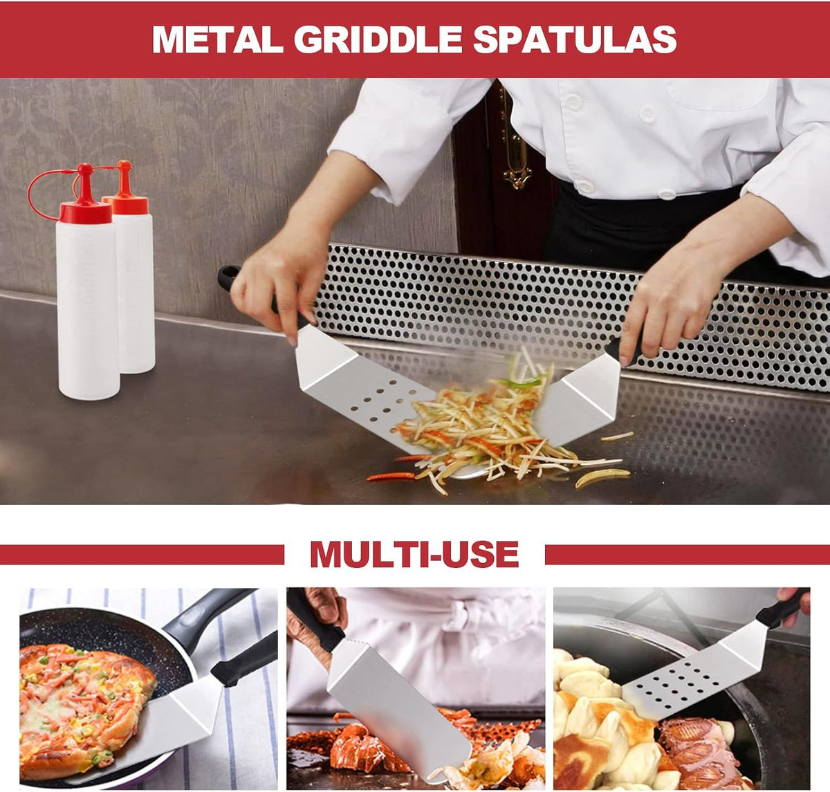 8Pcs  Professional Stainless Steel Griddle Spatula Tools With Storage Bag, Griddle Accessories Kit for Teppanyaki Flat Top Cooking，for Cast Iron BBQ Grilling Indoor Outdoor