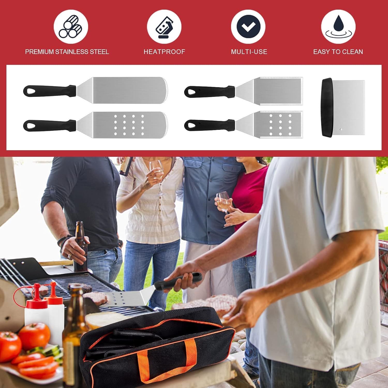 8Pcs  Professional Stainless Steel Griddle Spatula Tools With Storage Bag, Griddle Accessories Kit for Teppanyaki Flat Top Cooking，for Cast Iron BBQ Grilling Indoor Outdoor