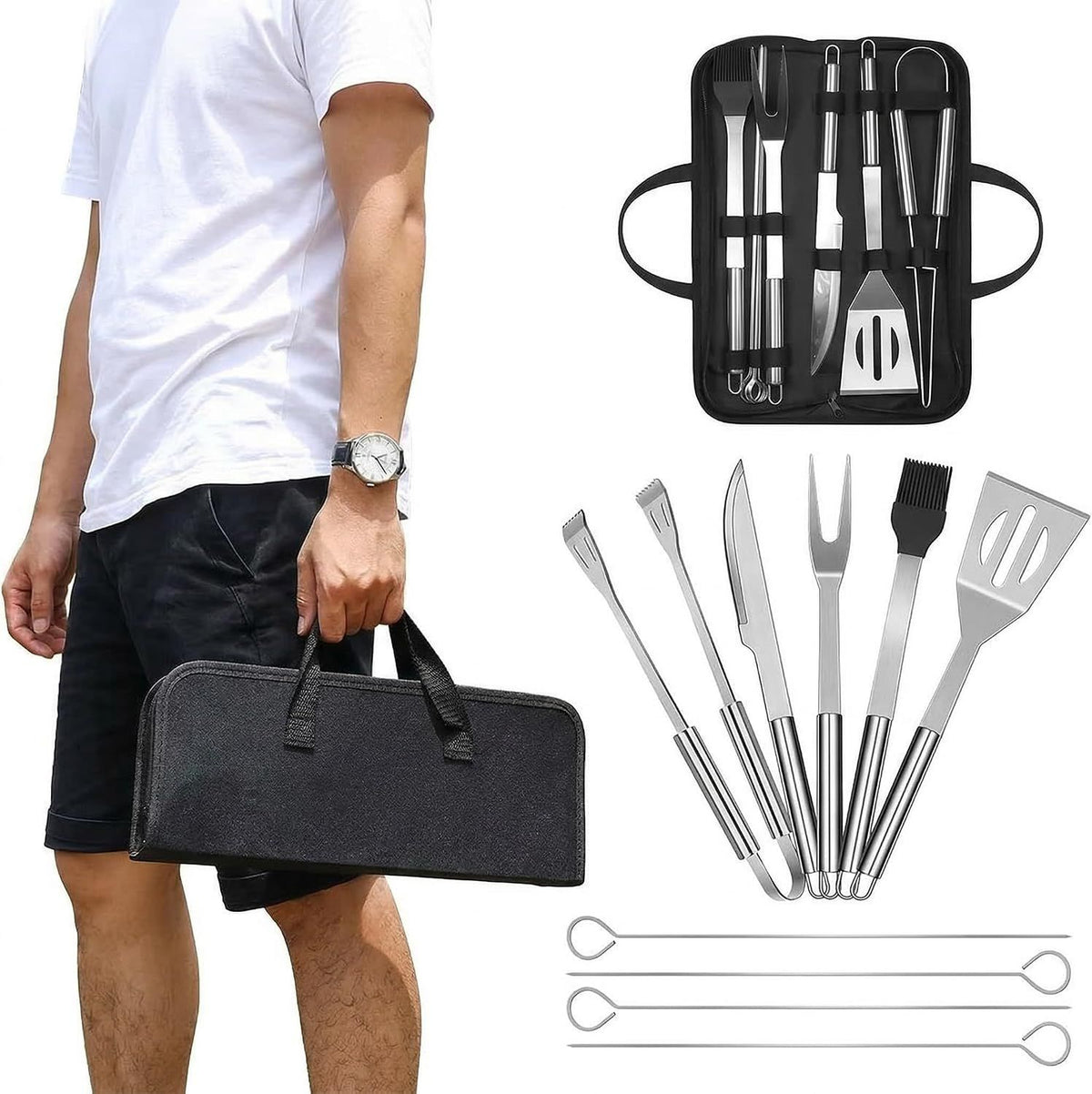 9-Piece BBQ Grill Tool Set, Stainless Steel with Storage Bag,Very suitable for camping, backyard gatherings, outdoor barbecues