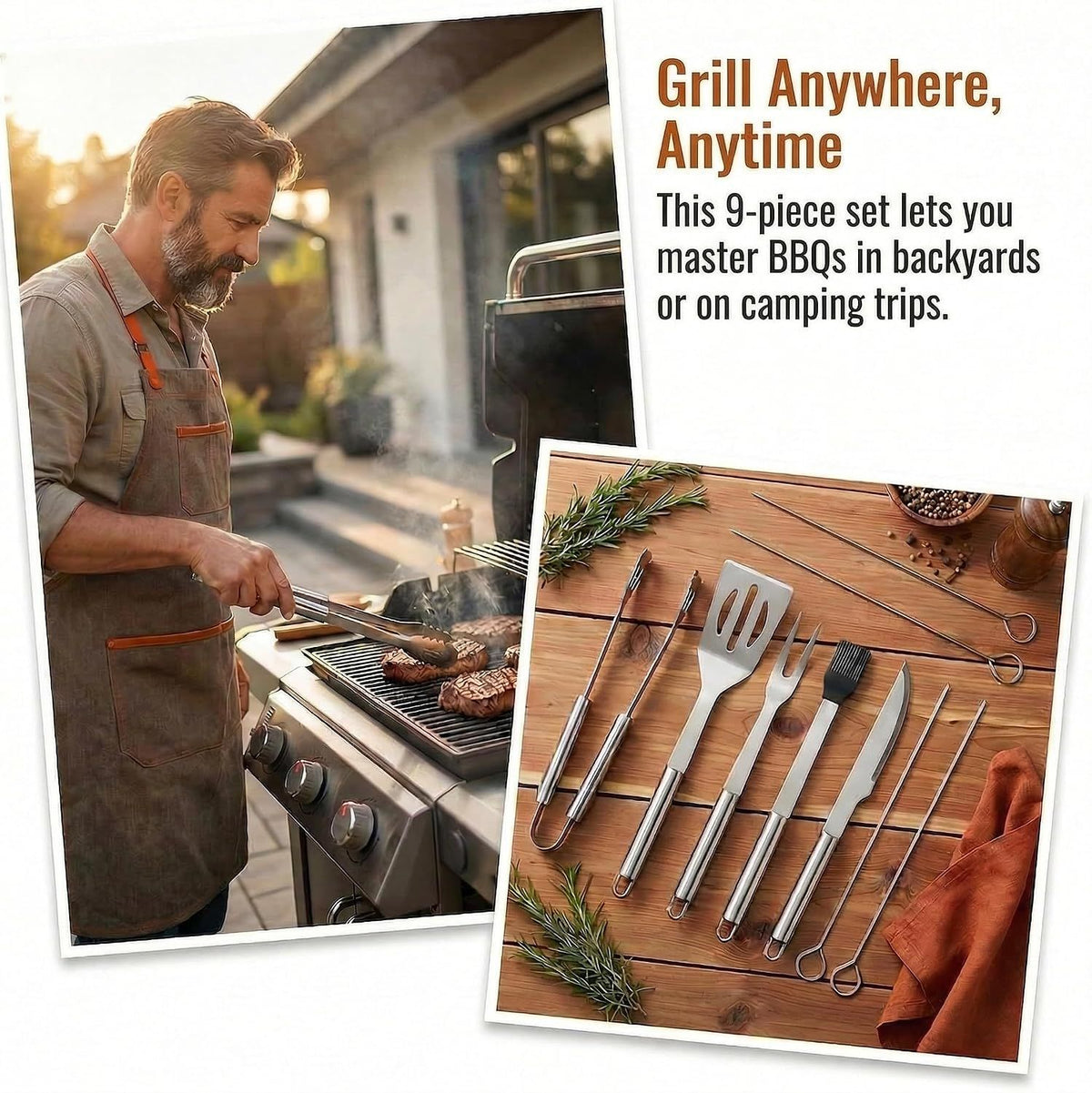 9-Piece BBQ Grill Tool Set, Stainless Steel with Storage Bag,Very suitable for camping, backyard gatherings, outdoor barbecues