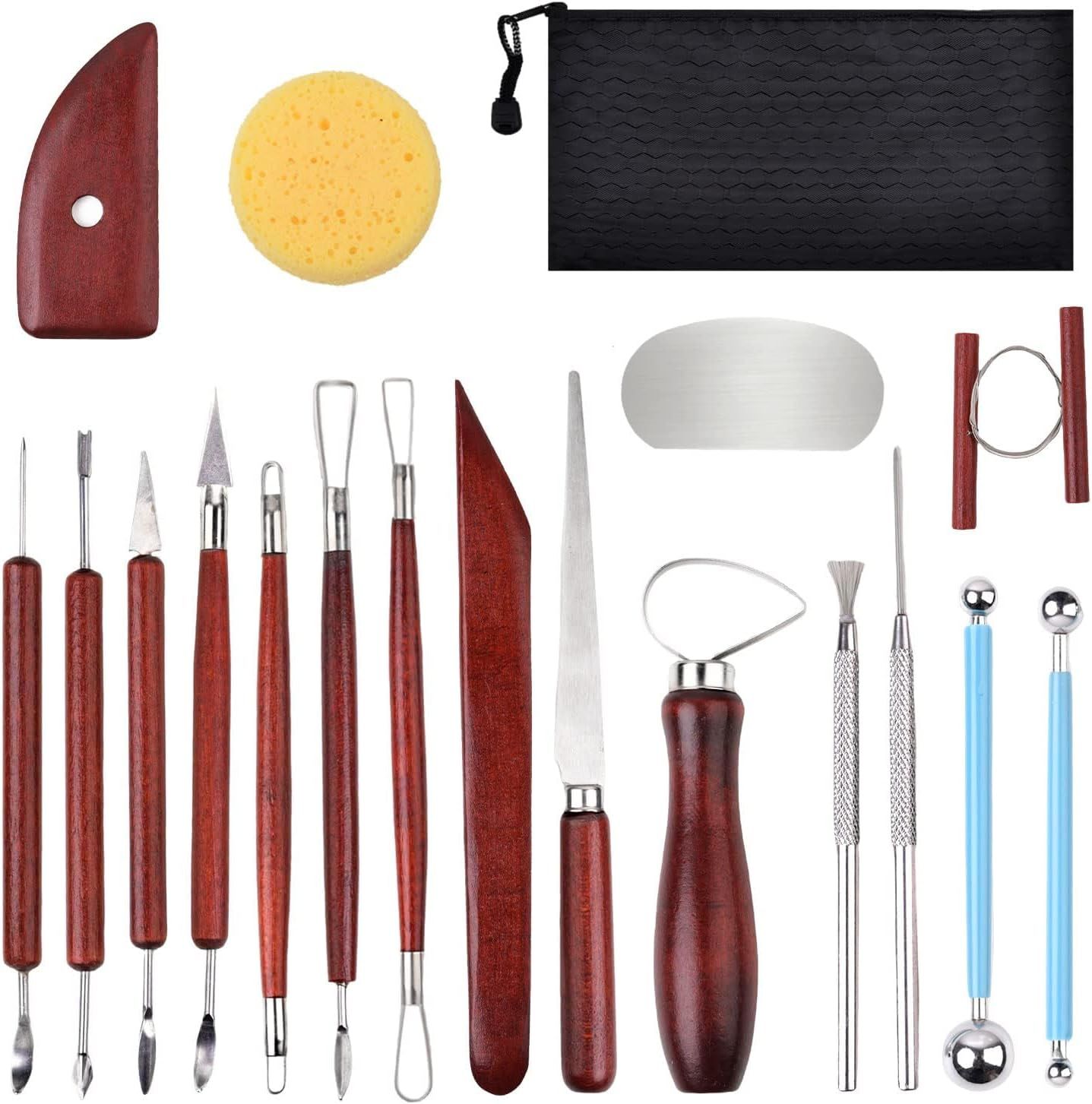 18pcs Clay Sculpting Tools, Basic Polymer Clay Pottery Carving ，Air Dry Clay Tools for Adults with Wooden Handle and Tool Bag