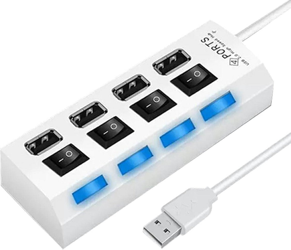 HI Speed 4-Port USB 2.0 Hub I Hub Splitter I On/Off Switch I LED I Up to 480 MB/s I White