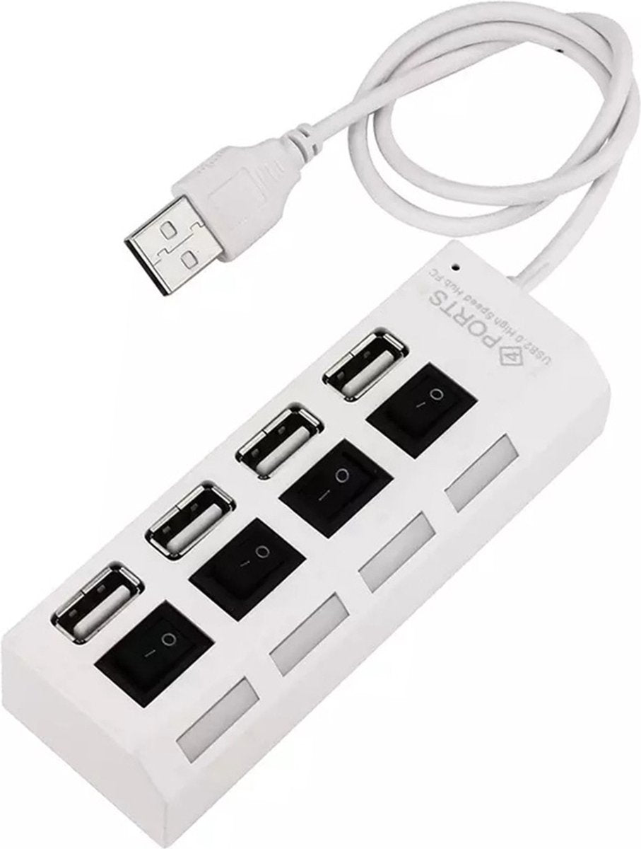 HI Speed 4-Port USB 2.0 Hub I Hub Splitter I On/Off Switch I LED I Up to 480 MB/s I White