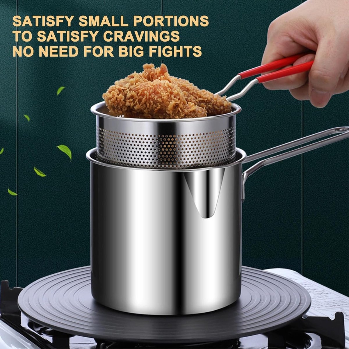 Stainless steel deep fryer - with frying basket and handle - durable, food-grade outdoor mini deep fryer - with perforated strainer - suitable for seafood, chicken, etc.