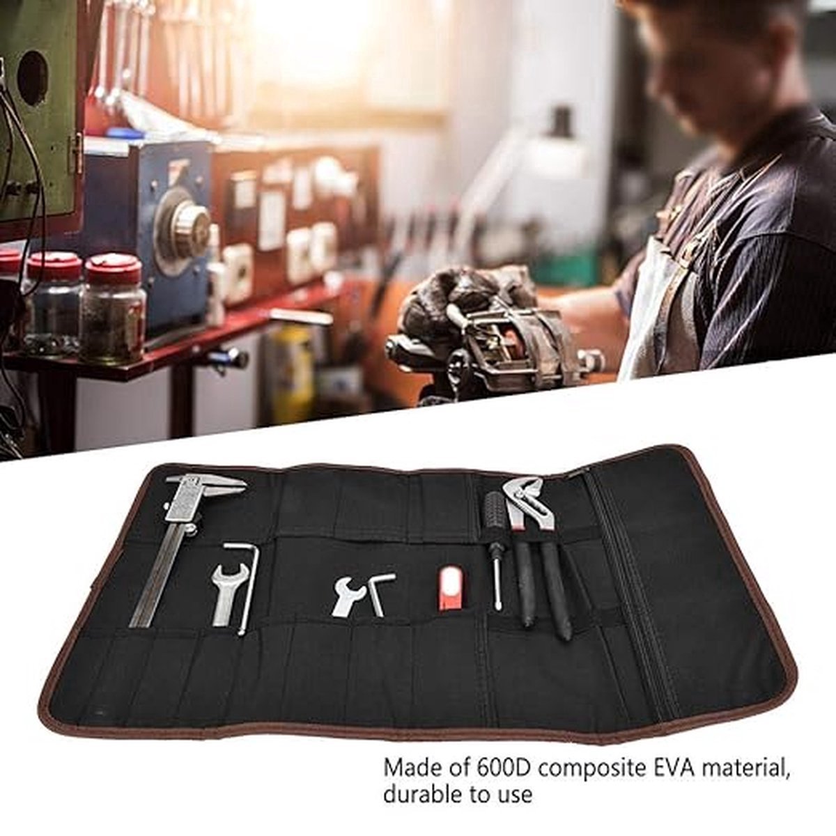 Roll-Up Case - Tool Bag - 600d Oxford Cloth - With Handle - Water-Resistant - Portable - Inner Pocket with Zipper - Easy Roll Bag - Multiple Compartments - 58 x 35 cm - Tool Pouch - Tool Roll - Black - Wear-Resistant & Durable (Without Tools)