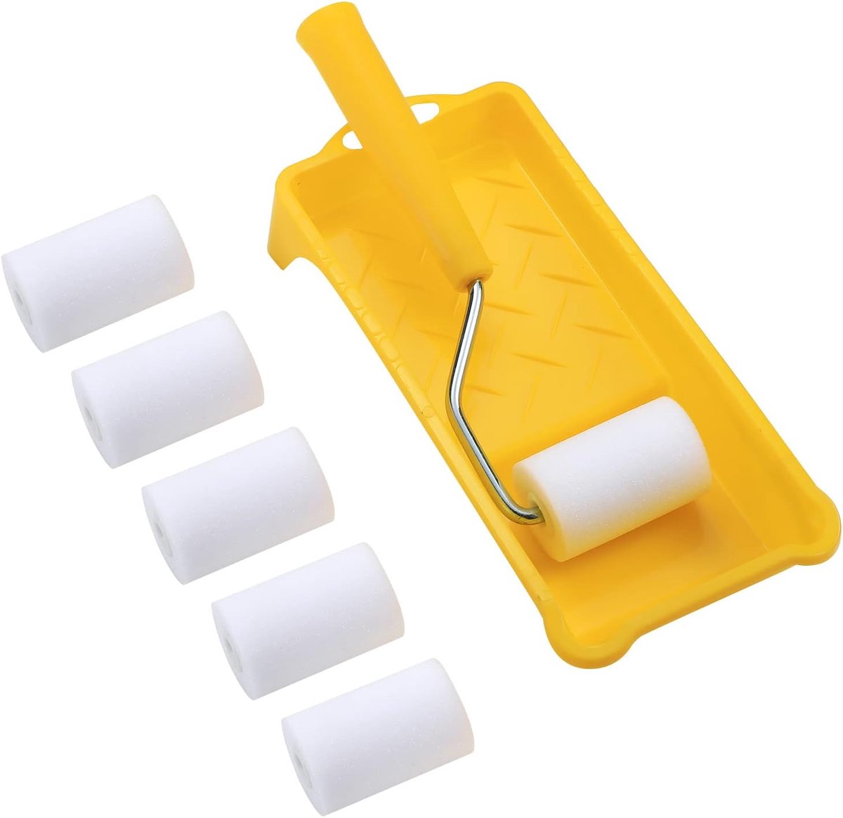 Mini paint roller set - Foam paint roller - with refills - high-density foam rollers *6, paint tray and roller handle - small sponge paint roller - for touch-ups and smooth finishes - 20*10*4 cm - yellow
