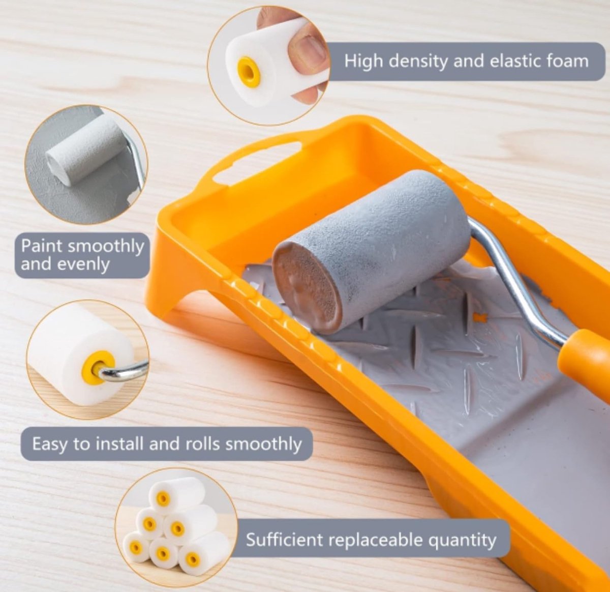 Mini paint roller set - Foam paint roller - with refills - high-density foam rollers *6, paint tray and roller handle - small sponge paint roller - for touch-ups and smooth finishes - 20*10*4 cm - yellow
