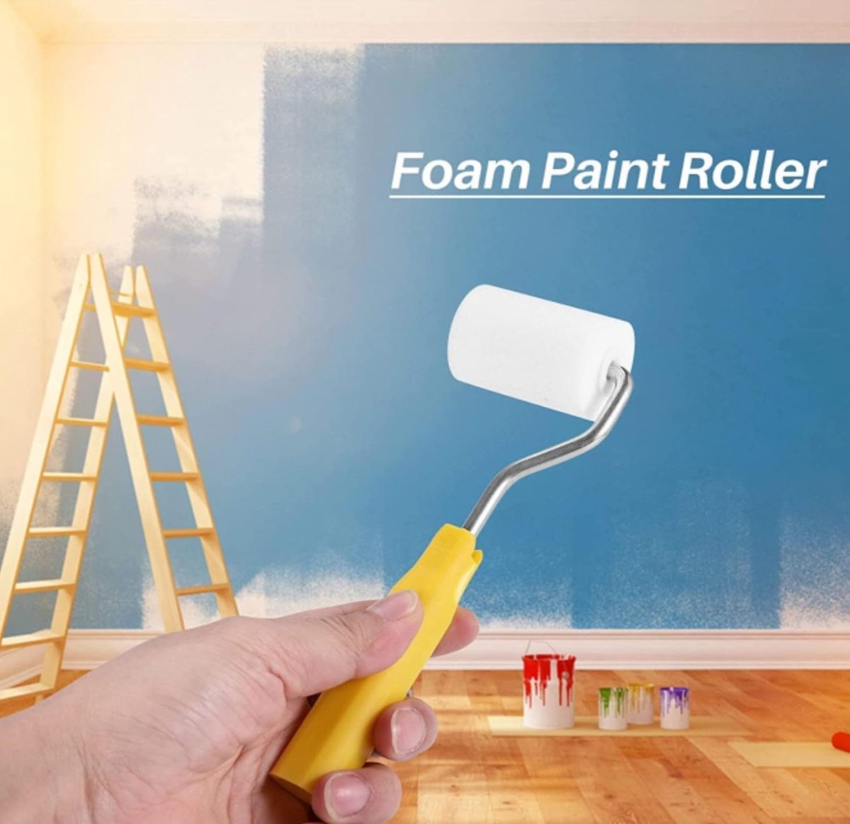 Mini paint roller set - Foam paint roller - with refills - high-density foam rollers *6, paint tray and roller handle - small sponge paint roller - for touch-ups and smooth finishes - 20*10*4 cm - yellow