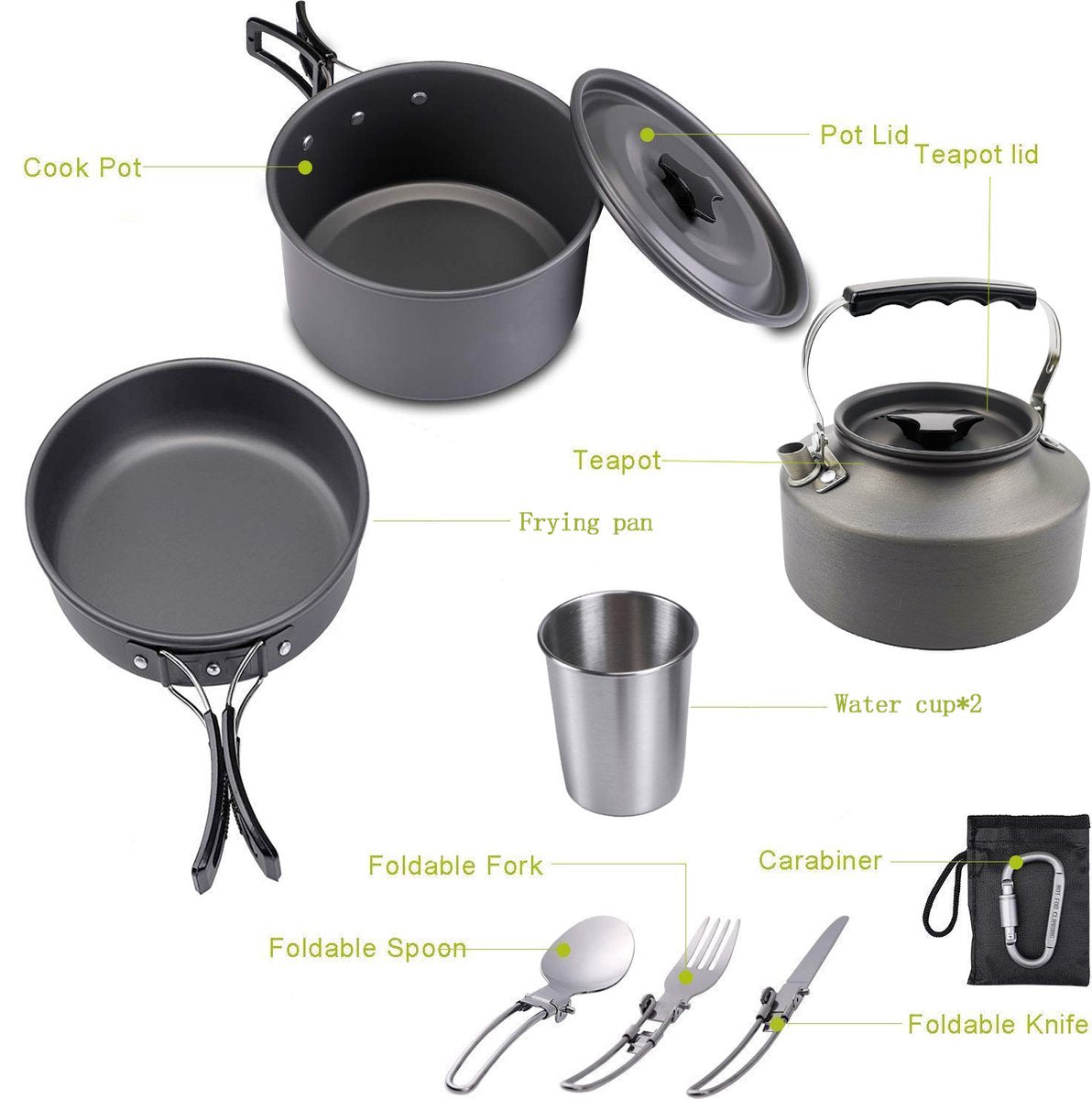 Cookware - 9-piece - for camping, outdoor, hiking, picnic, BBQ, foldable camping pans - safe and BPA - Suitable for 2-3 people camping pan set