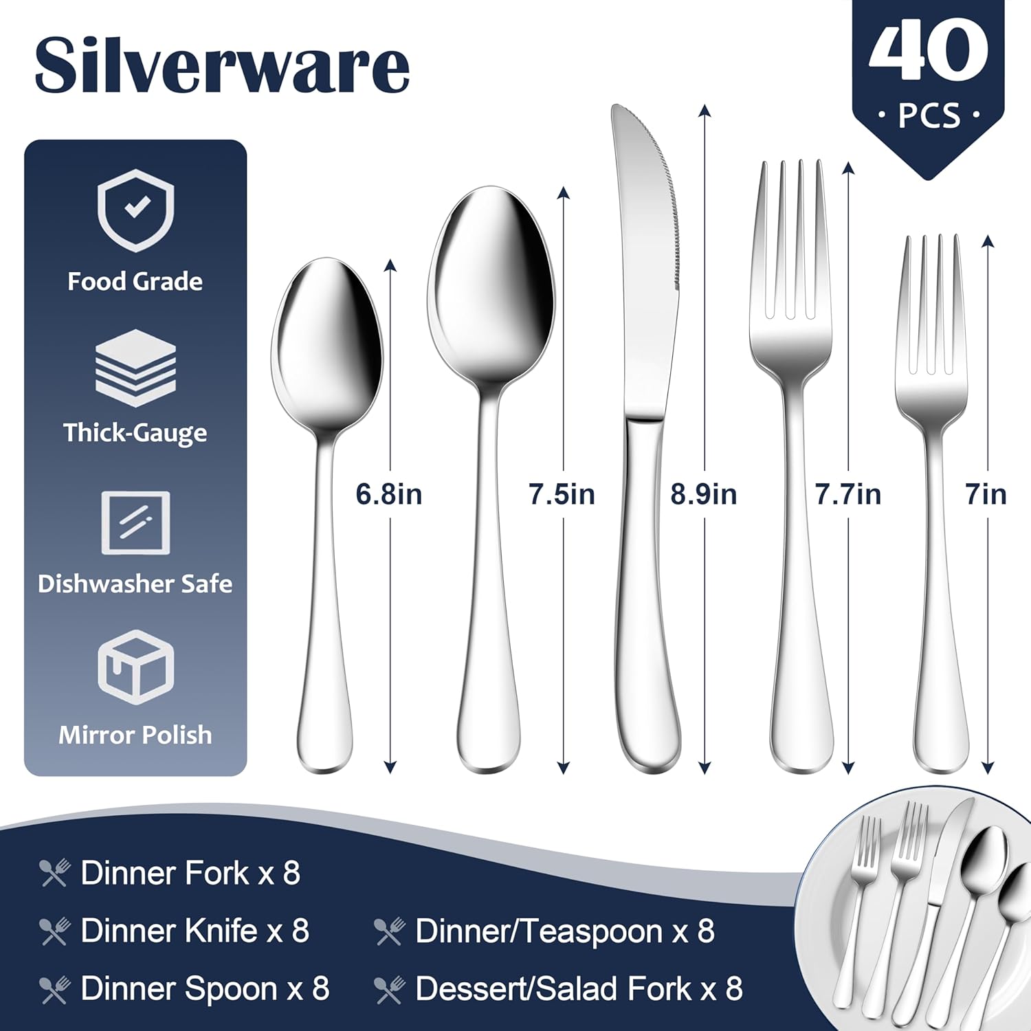 Heavy Duty Silverware Set for 8, 40-Piece Stainless Steel Flatware Cutlery Set, Thick Metal Eating Utensils Including Forks and Spoons Knife, Heavy Weight & Mirror Finish, Dishwasher Safe