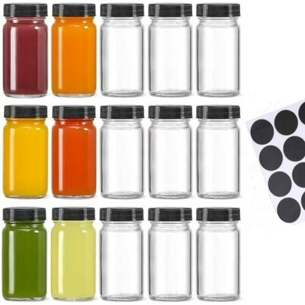 Glass Jars with Lids - 15 x 2 oz Jars - Includes 15 Labels - Clear - Perfect for Ginger Smoothies, Health Drinks, Juices, etc. - Travel Essential - Wide Mouth Design - Leak-Proof - Dishwasher Safe
