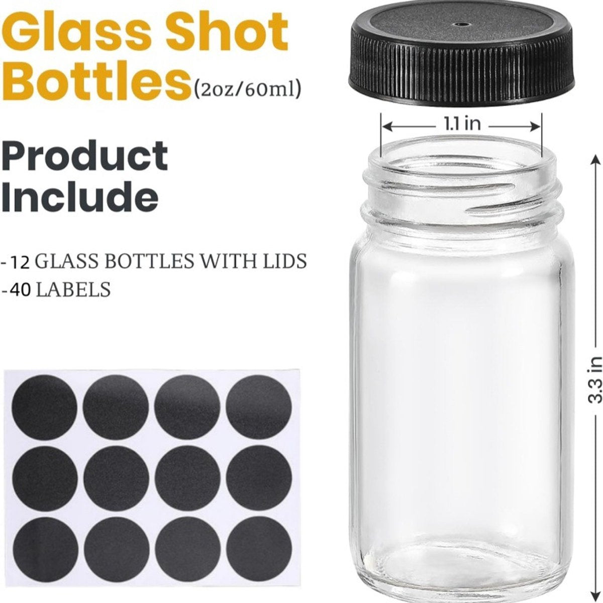 Glass Jars with Lids - 15 x 2 oz Jars - Includes 15 Labels - Clear - Perfect for Ginger Smoothies, Health Drinks, Juices, etc. - Travel Essential - Wide Mouth Design - Leak-Proof - Dishwasher Safe