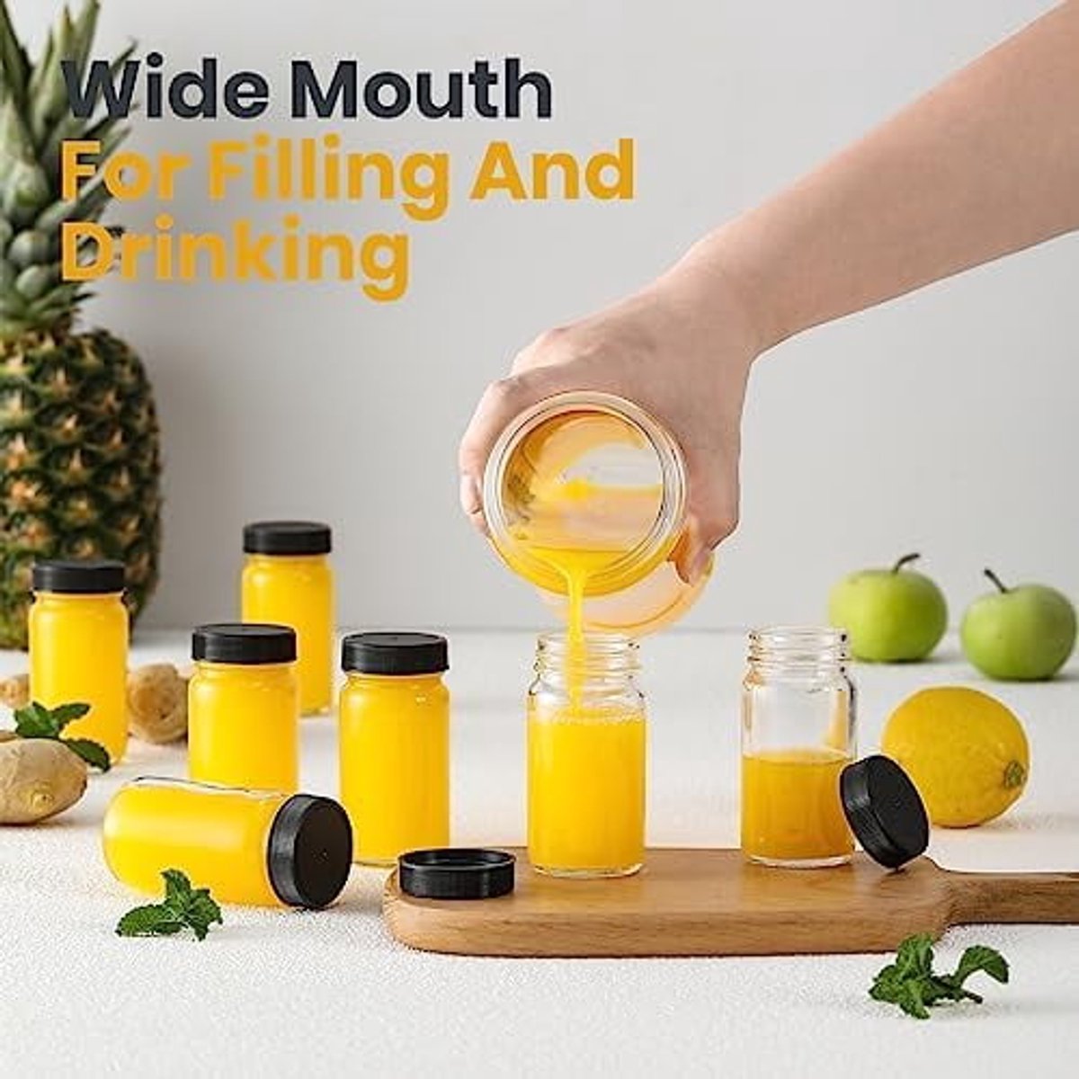 Glass Jars with Lids - 15 x 2 oz Jars - Includes 15 Labels - Clear - Perfect for Ginger Smoothies, Health Drinks, Juices, etc. - Travel Essential - Wide Mouth Design - Leak-Proof - Dishwasher Safe