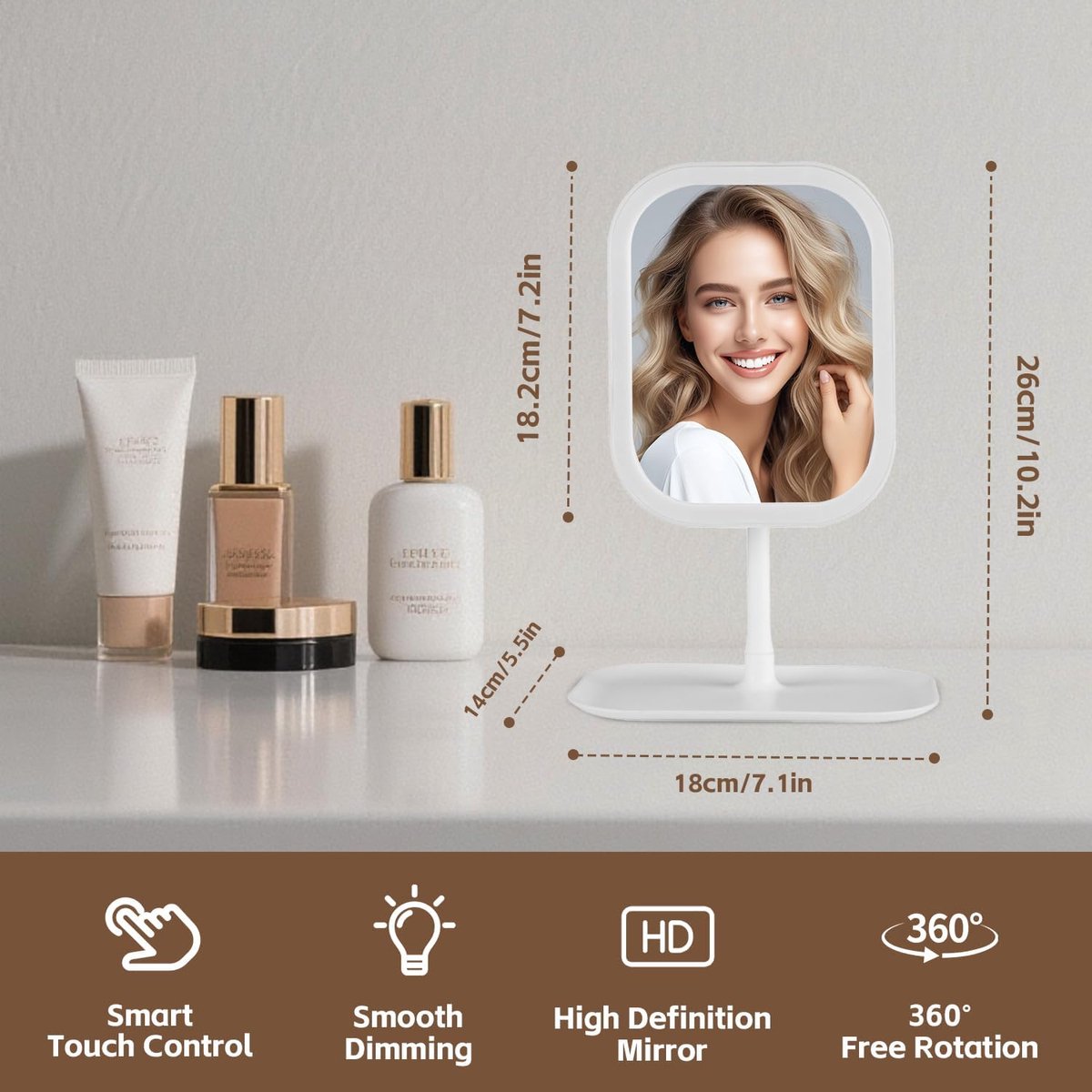 Make-up Mirror with Light - 3 Light Colors - Dimmable - Mirror with Lights - Smart Touch - USB Charging Port