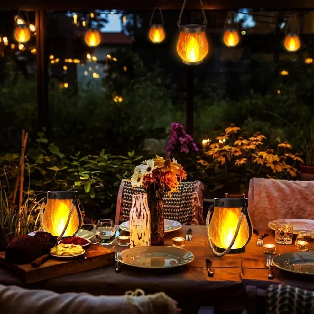 1/2/4 Pack Solar Garden Lights with Flame Effect - Waterproof Hanging Lanterns with USB Charging, Halloween and Garden Decoration (Four-piece set)