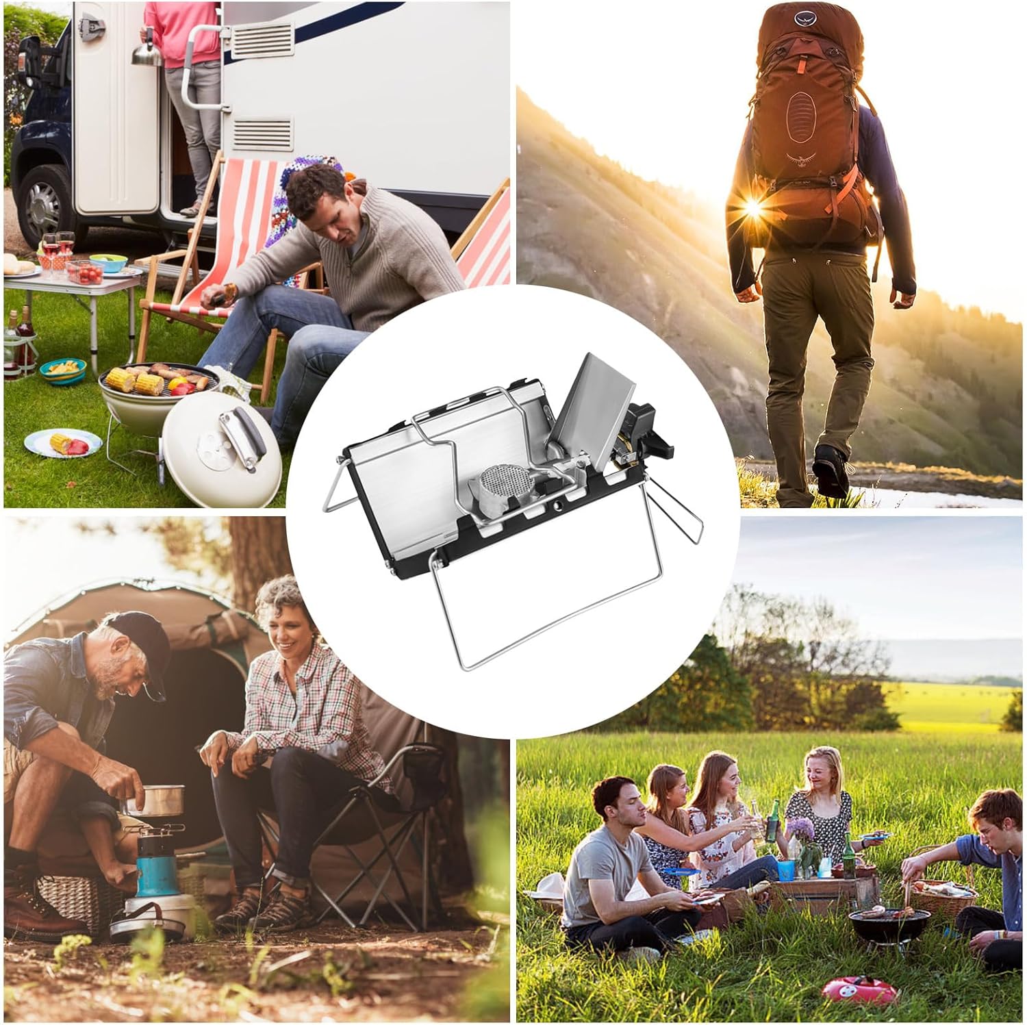 Camping stove - Portable and foldable - Camping cooking - 2600W - Three-sided windproof - Heat-resistant material - Silver