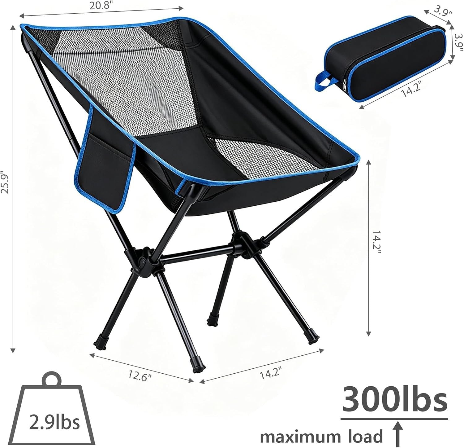 Portable Folding Camping Chair with Carry Bag, Breathable Mesh Outdoor Seat for Hiking, Beach Trips, Picnics, Parks and Home Use, Black